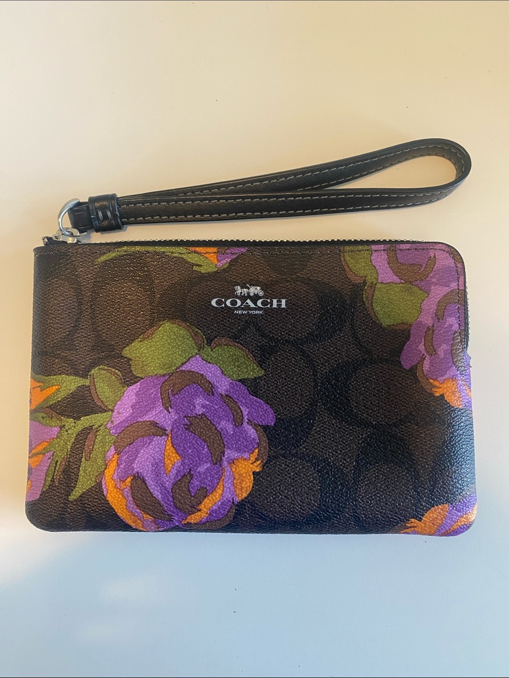 NWT Coach Floral Signature Wristlet Pouch - Purple, Green, Orange on Brown